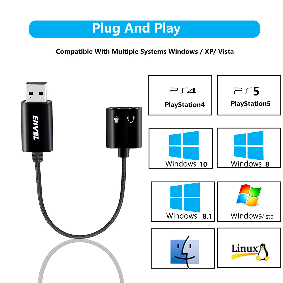 ENVEL USB to 3.5mm Audio Adapter,External Stereo Sound Card with Dual TRS 3-Pole 3.5mm Headphone and Microphone Jack for PS4/PS5/PC/Laptop, Built-in Chip Mic-Supported Headphone Adapter (Black Pro)