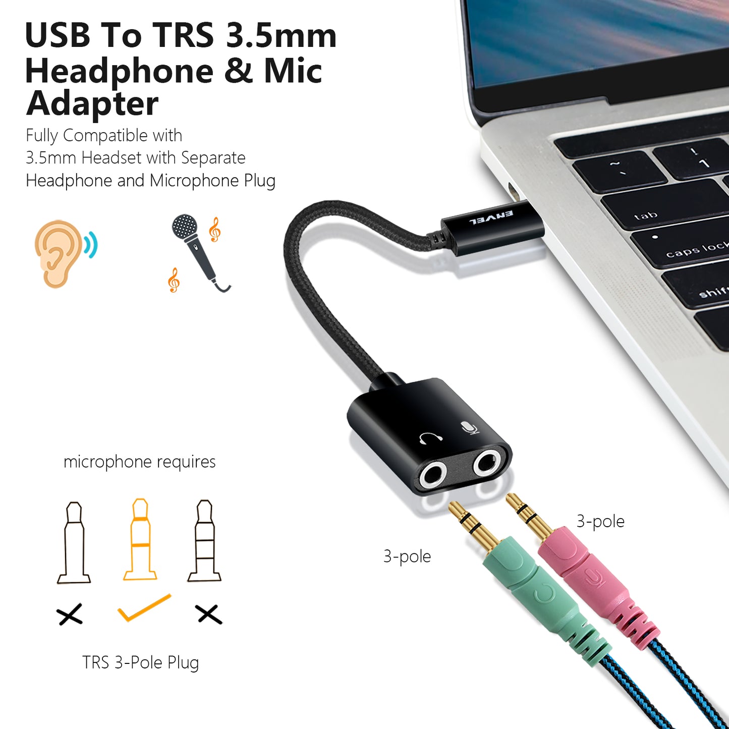 ENVEL USB to 3.5mm Audio Adapter,External Stereo Sound Card with Dual TRS 3-Pole 3.5mm Headphone and Microphone Jack for PS4/PS5/PC/Laptop, Built-in Chip Mic-Supported Headphone Adapter (Black Pro)