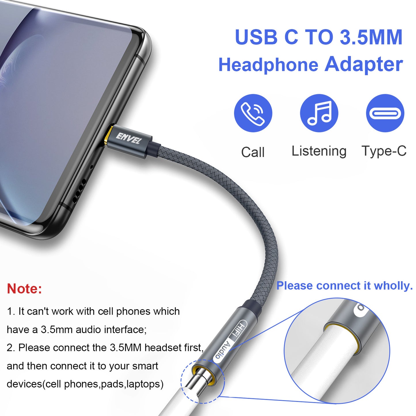 USB C to 3.5mm Female Headphone Adapter,2 Pack ENVEL Type C to Aux Audio Cable Compatible with Samsung Galaxy S23 S22 S21 S20 FE Ultra S20+ Plus Note 20 5G,iPad Pro 2021 /2020/2018,Google Pixel 5/6