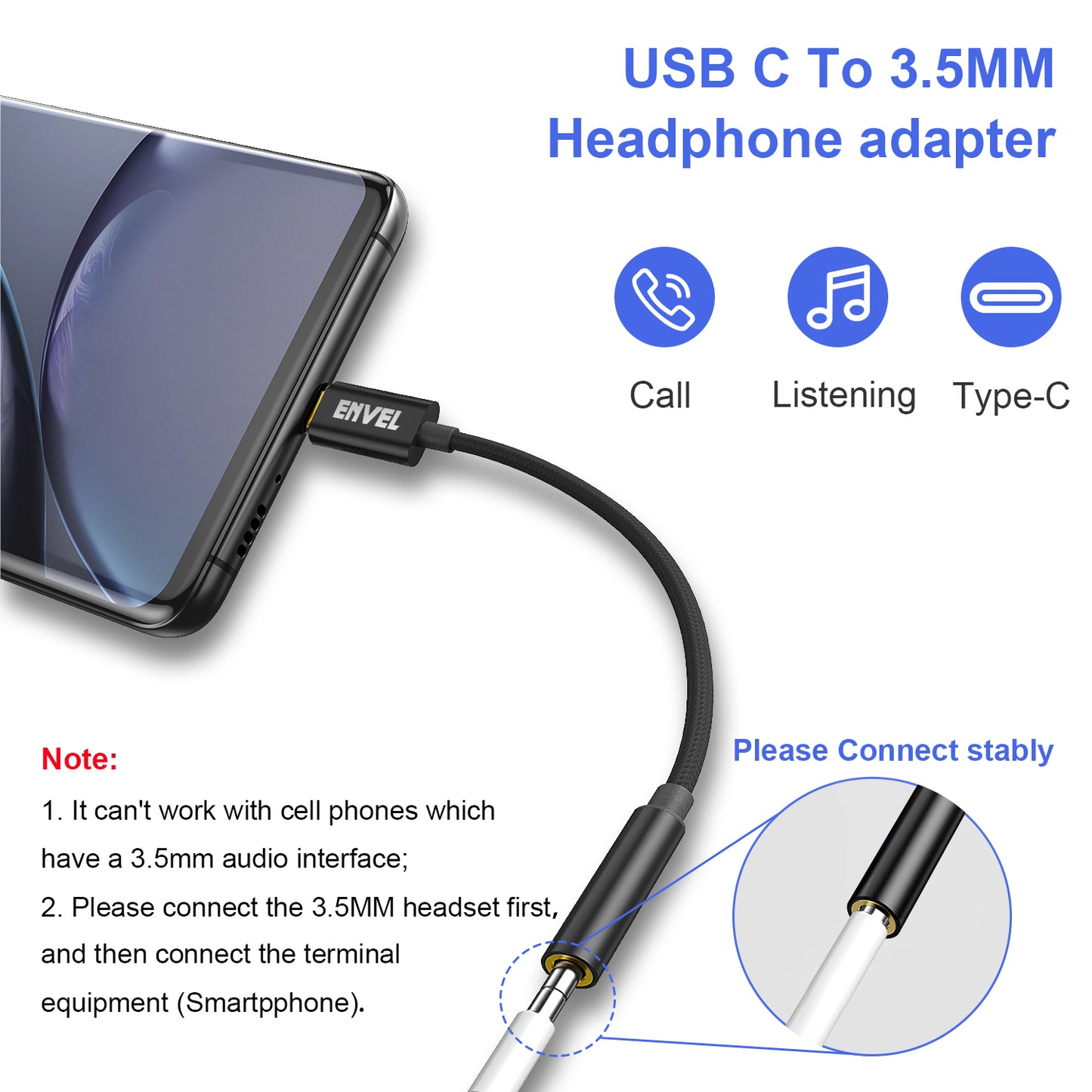 USB C to 3.5mm Headphone Jack Adapter, ENVEL Type C to 3.5mm Audio Stereo DAC Chip Cable Compatible with Google Pixel 6 5 4 Samsung Galaxy S23 S22 S21 S20 ultra fe OnePlus 9 Black